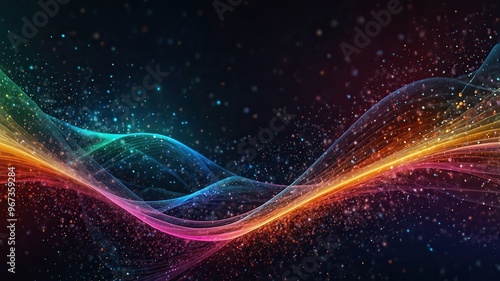 Digital particles of wave, light and energy, multi colored abstract. Ideal for desktop background or wallpaper.