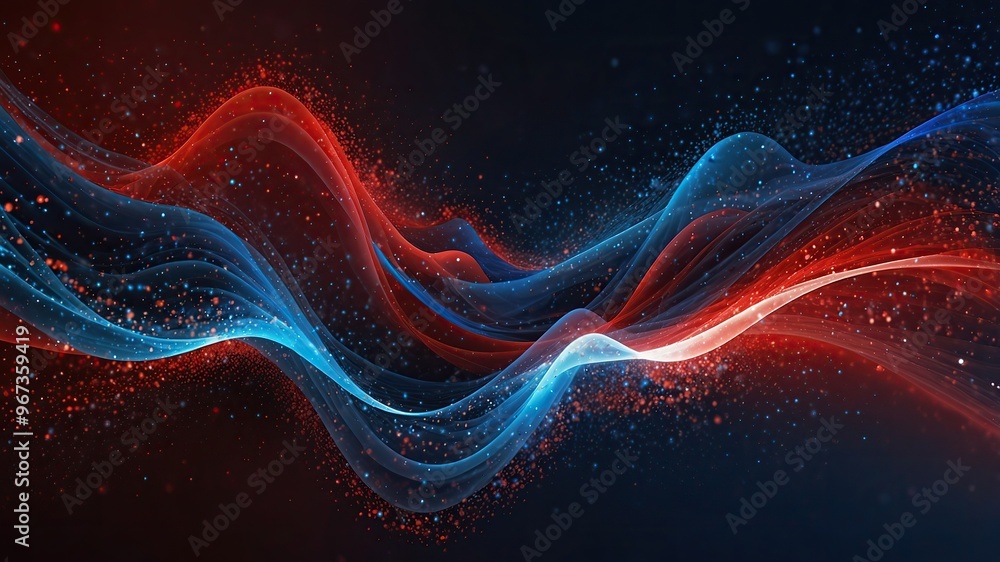 Fototapeta premium Digital particles of wave, light and energy abstract background Red White and Blue. Ideal for desktop background or wallpaper.