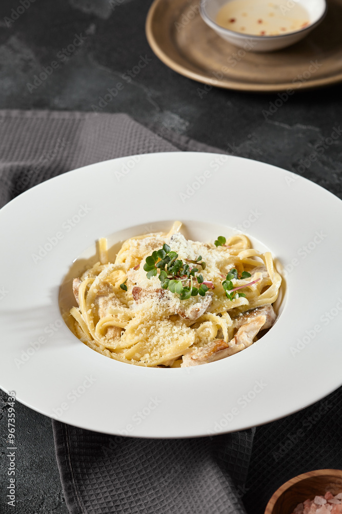 Appetizing Spaghetti with Chicken and Mushrooms in Creamy Sauce – Dark Aesthetic Food Photography Appetizing Spaghetti with Chicken and Mushrooms in Creamy Sauce – Dark Aesthetic Food Photography