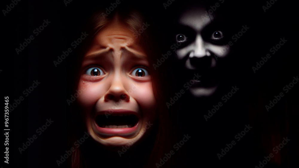 A frightened face of a young girl, rounded eyes, mouth slightly open in fear, fear on the face, on a black background. From the shadows of darkness behind the girl appears a scary face with a sinister A frightened face of a young girl, rounded eyes, mouth slightly open in fear, fear on the face, on a black background. From the shadows of darkness behind the girl appears a scary face with a sinister