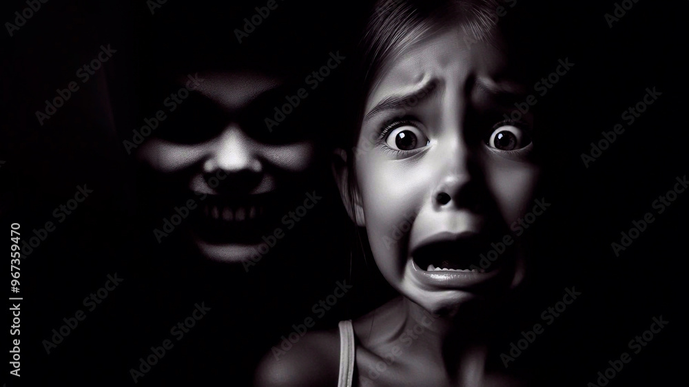 A frightened face of a young girl, rounded eyes, mouth slightly open in fear, fear on the face, on a black background. From the shadows of darkness behind the girl appears a scary face with a sinister A frightened face of a young girl, rounded eyes, mouth slightly open in fear, fear on the face, on a black background. From the shadows of darkness behind the girl appears a scary face with a sinister