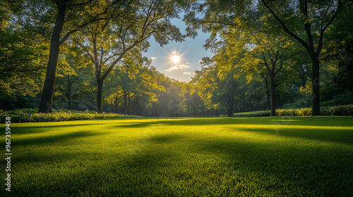 “Beautiful Green Lawn with Trees and Grass in a Park on a Sunny Day, Featuring a Lush and Vibrant Landscape Ideal for Outdoor Leisure and Nature Photography” 