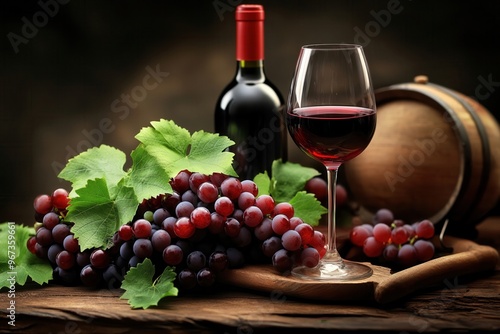 rustic vineyard red wine and grapes on wooden table with wine barrel in the background