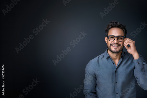 handsome brunette mature man in his 30s or 40s with glasses; guy correcting his glasses isolated on grey background; copy space