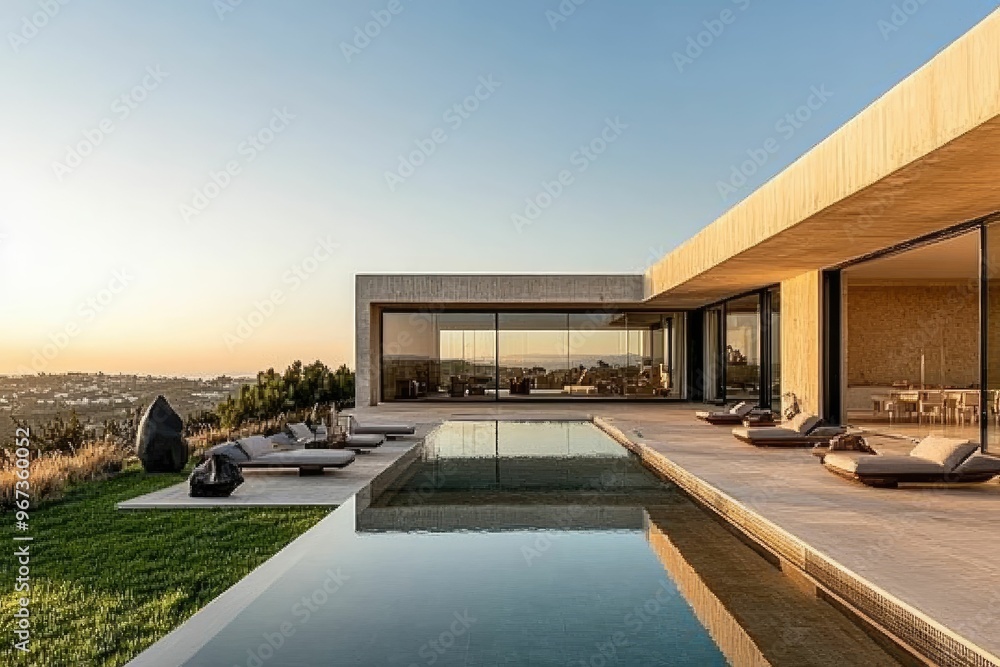 Fototapeta premium Modern villa with a pool and panoramic sunset views.