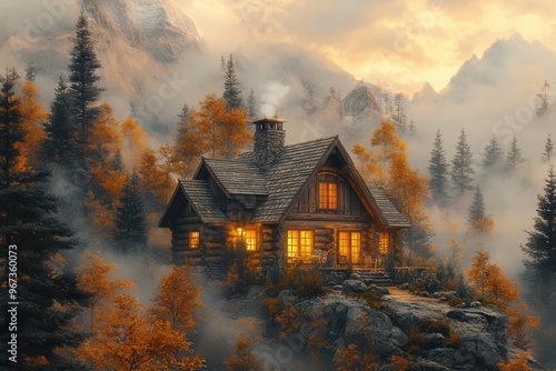 rustic mountain retreat charming log cabin nestled among towering pines surrounded by misty peaks golden hour light bathes the scene in warmth creating a cozy and inviting wilderness escape