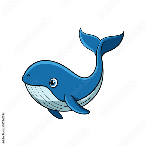 A cartoon blue whale with a big smile on its face against a white background.