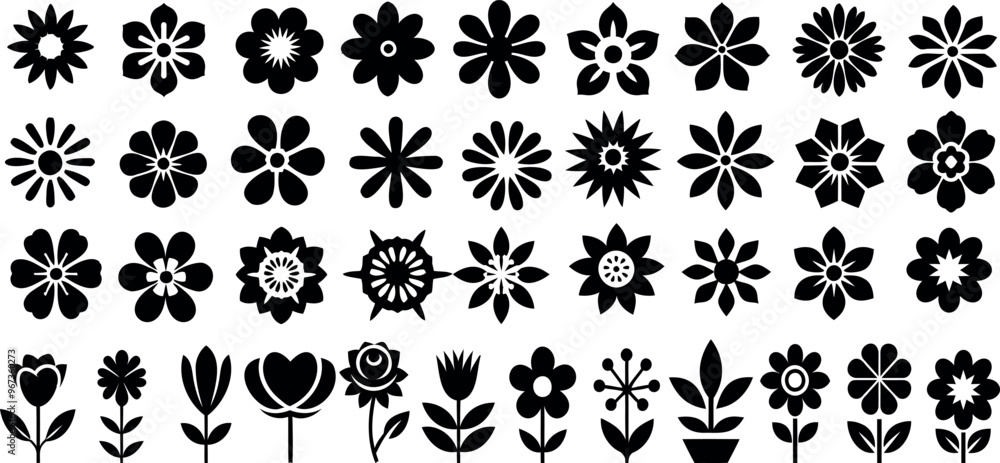 Naklejka premium Black flower vector set feature abstract floral design silhouettes, and geometric patterns. Ideal for decoration, logos, and design projects. Includes minimalist botanical elements for creative illust