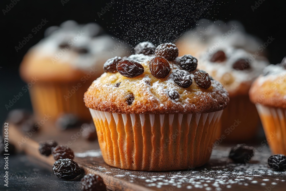 rustic muffins tempt taste buds studded with plump raisins dusting of powdered sugar adds visual appeal dark background creates dramatic food photography rustic muffins tempt taste buds studded with plump raisins dusting of powdered sugar adds visual appeal dark background creates dramatic food photography