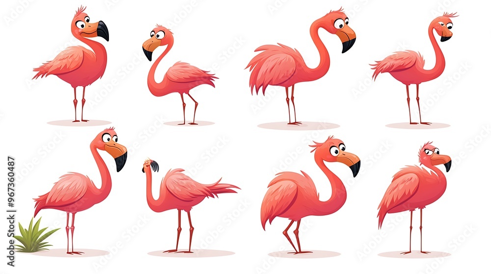 Fototapeta premium A delightful collection of cartoon flamingos in vibrant standing and flying poses, perfect for tropical-themed illustrations. 