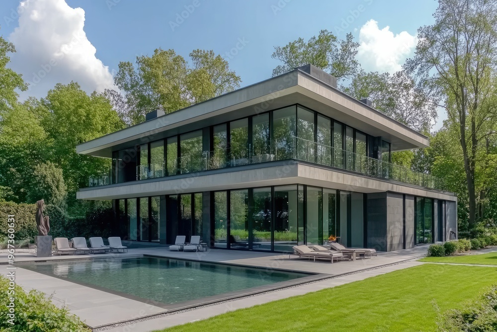 Modern house with large windows and a pool in a landscaped setting. Modern house with large windows and a pool in a landscaped setting.