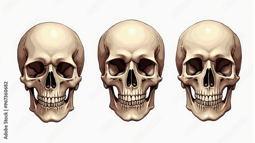 Realistic Skull Illustration Trio - Human Skull Anatomy, Medical Study, and Halloween Design Realistic Skull Illustration Trio - Human Skull Anatomy, Medical Study, and Halloween Design