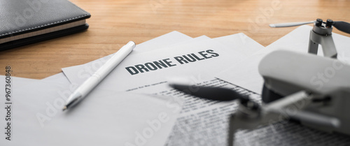 A drone, pen and papers written about drone rules on the table.