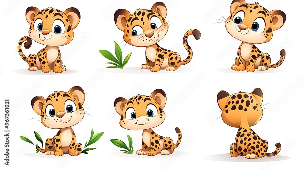 A delightful set of cartoon jaguars in playful stalking and resting poses, ideal for jungle and wildlife-themed projects. A delightful set of cartoon jaguars in playful stalking and resting poses, ideal for jungle and wildlife-themed projects.