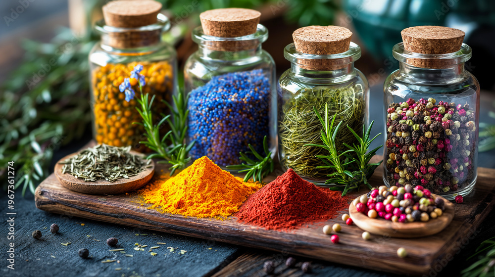 Assorted dried spices in glass jars on a rustic wooden board with fresh herbs Assorted dried spices in glass jars on a rustic wooden board with fresh herbs