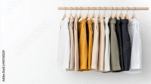 Assorted stylish clothing hanging on a rack displaying neutral tones and colors. Fashion, wardrobe, and style concept