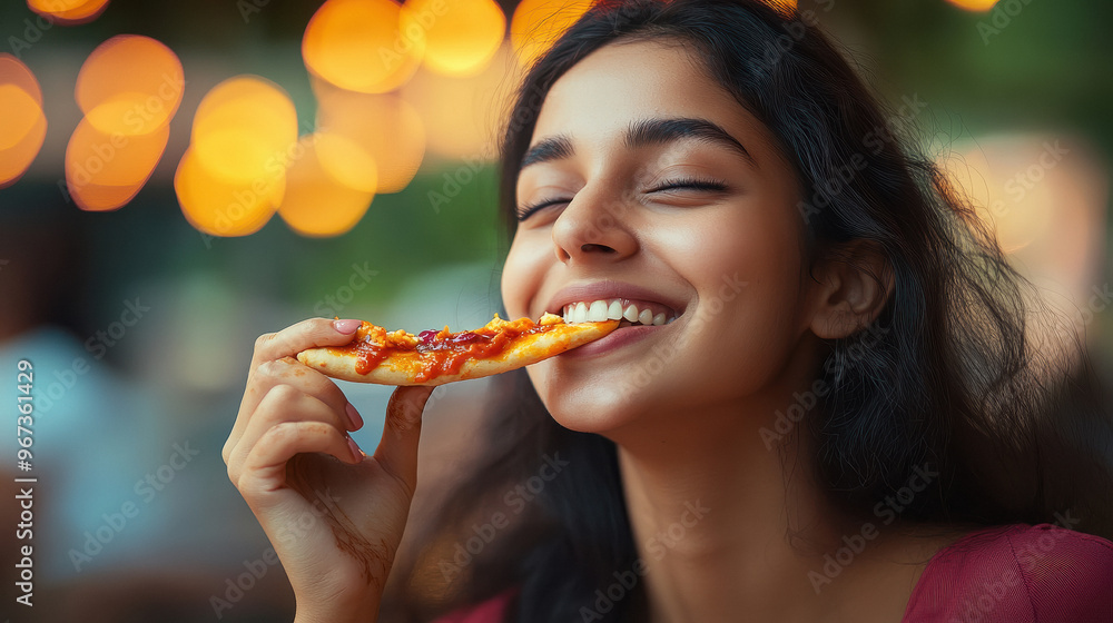 young indian girl eating pizza slice young indian girl eating pizza slice