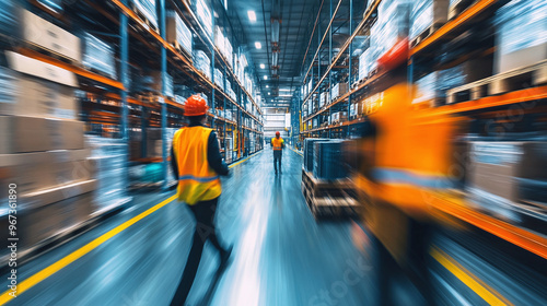 Motion blur of logistics workers walking around in a large international logistics distribution warehouse. Ai generate.