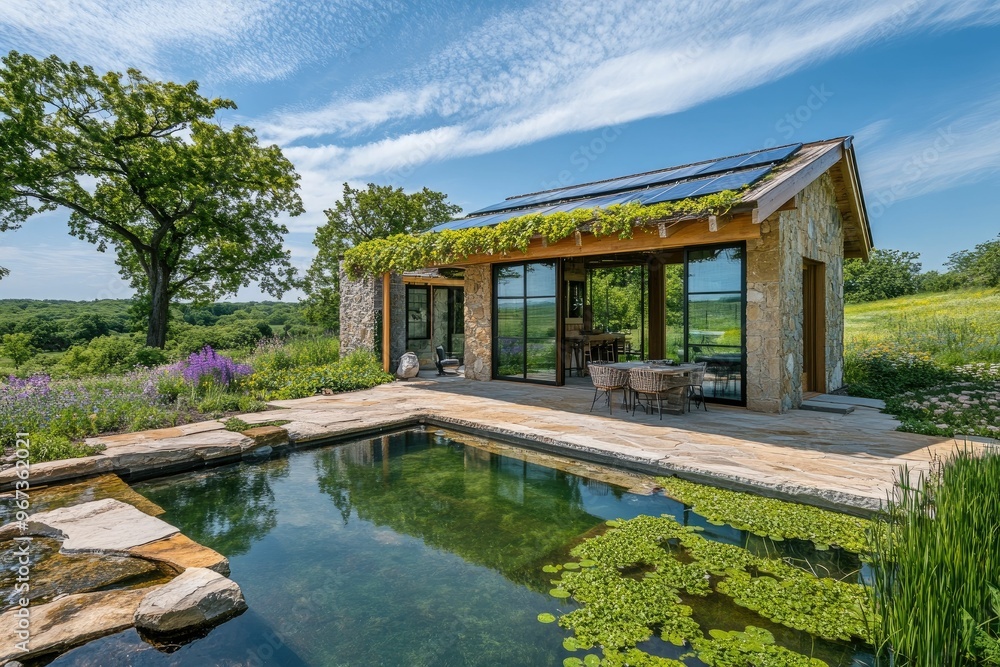 Modern eco-friendly cabin with a pool in a scenic landscape. Modern eco-friendly cabin with a pool in a scenic landscape.