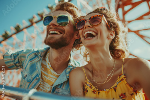 A couple riding a roller coaster. Joyful mood photo