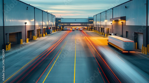 Motion blur of container trucks entering and leaving an international logistics distribution warehouse. Ai generate.