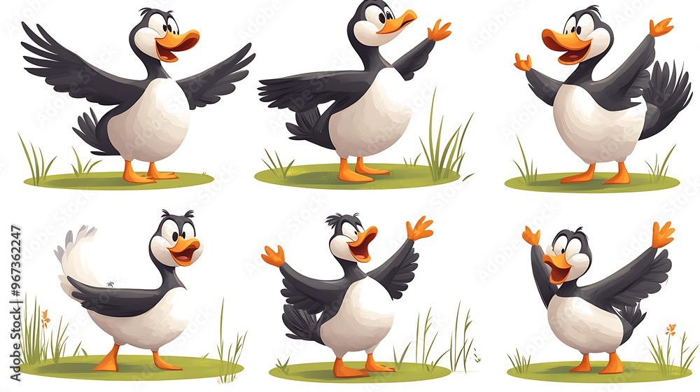 Obraz premium A fun assortment of cartoon geese in waddling and flying poses, great for farm and countryside illustrations. 