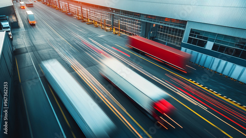 Motion blur of container trucks entering and leaving an international logistics distribution warehouse. Ai generate.