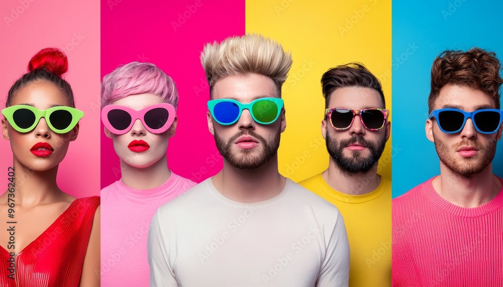 Vibrant group portrait in pop-art style, with each person wearing trendy sunglasses, showcasing bold colors, modern fashion, and cultural expression Vibrant group portrait in pop-art style, with each person wearing trendy sunglasses, showcasing bold colors, modern fashion, and cultural expression