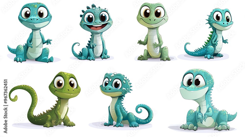 Naklejka premium A fun assortment of cartoon lizards in quirky climbing and sunbathing poses, ideal for desert and reptile-themed designs. 