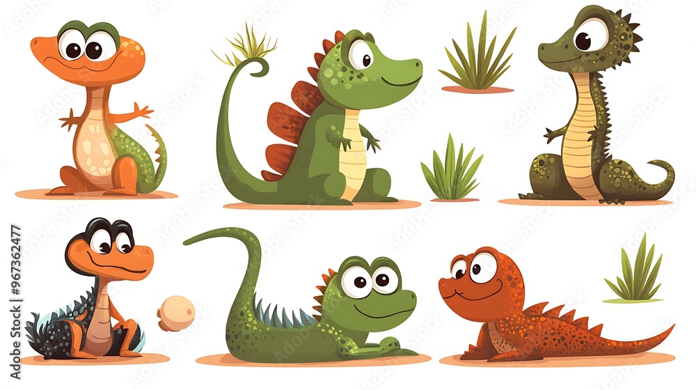 A fun assortment of cartoon lizards in quirky climbing and sunbathing poses, ideal for desert and reptile-themed designs. A fun assortment of cartoon lizards in quirky climbing and sunbathing poses, ideal for desert and reptile-themed designs.