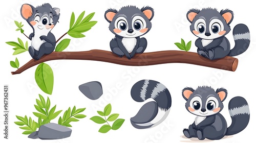 A fun assortment of cartoon lemurs in tree-climbing and lounging poses, great for jungle and Madagascar-themed projects. 