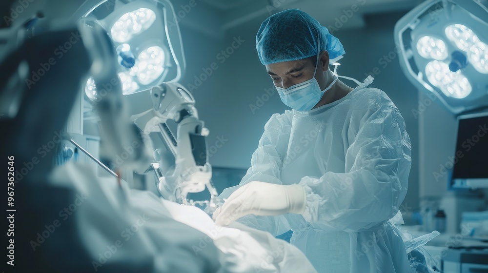 Focused surgeon in a modern operating room manipulating high-tech medical equipment with precision and determination, highlighting advanced healthcare technology and surgical expertise. Focused surgeon in a modern operating room manipulating high-tech medical equipment with precision and determination, highlighting advanced healthcare technology and surgical expertise.