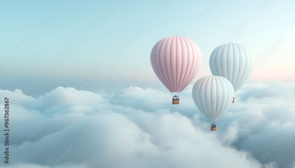 Obraz premium Vintage-style hot air balloons drifting in the sky, light clouds, muted tones, 3D illustration