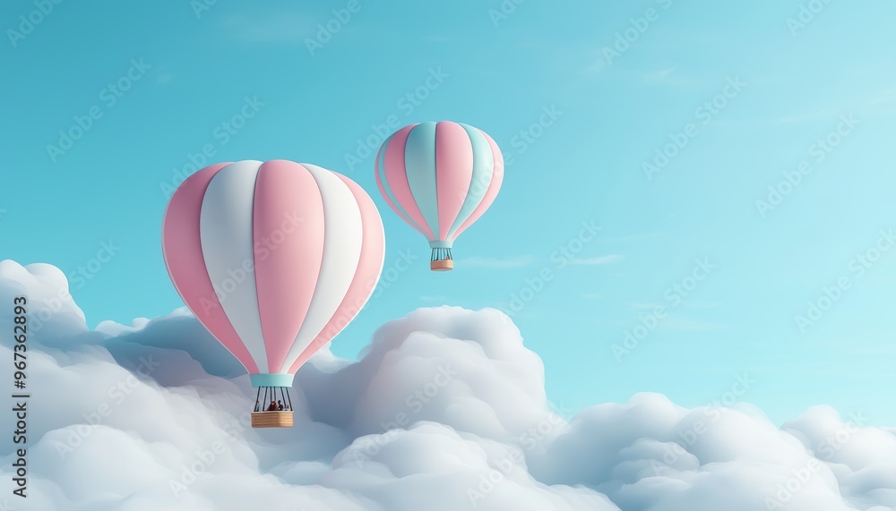 Obraz premium Vintage-style hot air balloons drifting in the sky, light clouds, muted tones, 3D illustration
