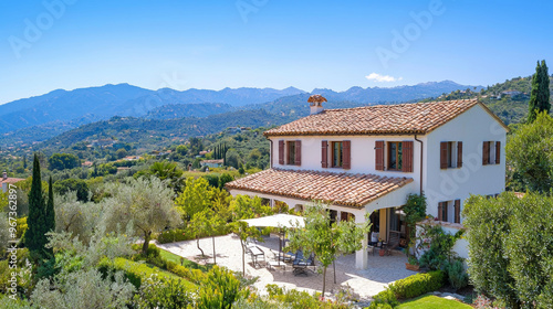 Beautiful Italian villa surrounded by lush greenery and mountains under a clear blue sky, ideal for relaxation and vacation