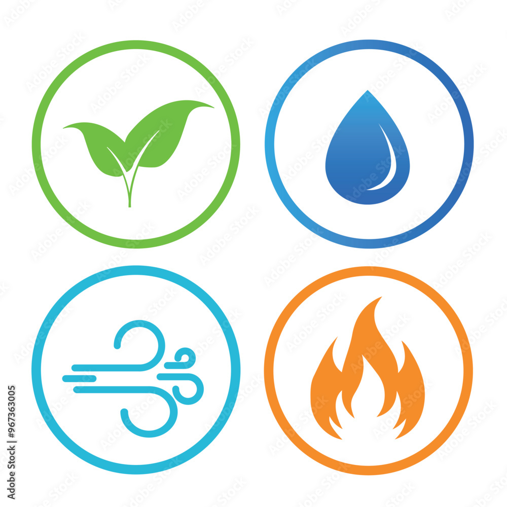 Four nature elements icon set. Air, earth, water, fire symbols. Natural elements icons. Vector illustration. Four nature elements icon set. Air, earth, water, fire symbols. Natural elements icons. Vector illustration.