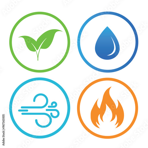 Four nature elements icon set. Air, earth, water, fire symbols. Natural elements icons. Vector illustration.