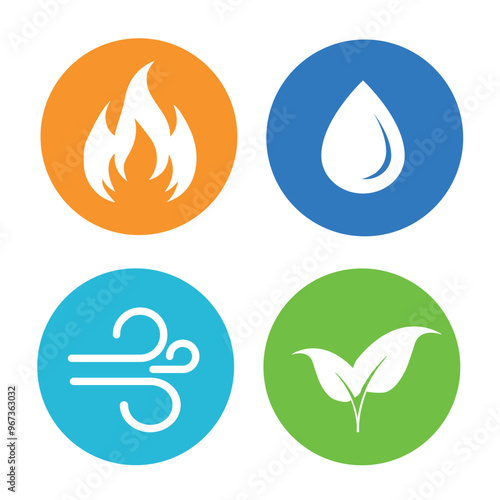 Four nature elements icon set. Air, earth, water, fire symbols. Natural elements icons. Vector illustration.