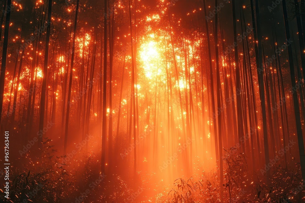 serene bamboo forest bathed in warm burgundy light creating a mystic atmosphere with tall stalks casting intricate shadows and filtered sunbeams illuminating the misty forest floor serene bamboo forest bathed in warm burgundy light creating a mystic atmosphere with tall stalks casting intricate shadows and filtered sunbeams illuminating the misty forest floor