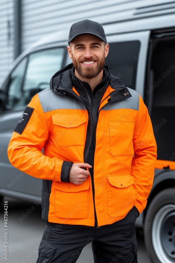 A smiling worker in a vibrant orange jacket, showcasing professionalism and safety in an outdoor setting. A smiling worker in a vibrant orange jacket, showcasing professionalism and safety in an outdoor setting.