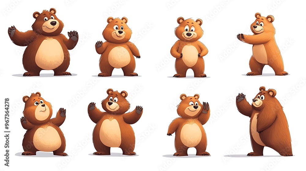Naklejka premium A playful collection of cartoon bears in various adorable poses, ideal for forest and wilderness illustrations. 