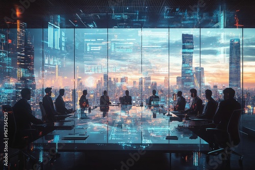 Wallpaper Mural Business meeting with a futuristic city backdrop and digital displays. Torontodigital.ca