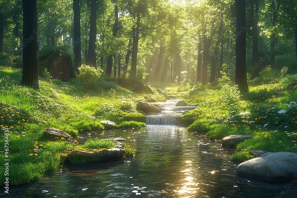 serene forest stream meandering through lush greenery sunlight dapples the crystalclear water creating a tranquil and rejuvenating natural scene serene forest stream meandering through lush greenery sunlight dapples the crystalclear water creating a tranquil and rejuvenating natural scene
