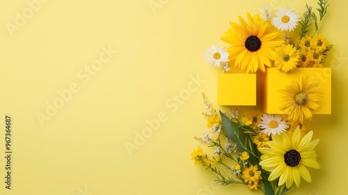 Yellow Floral Arrangement with Square Boxes on Yellow Background