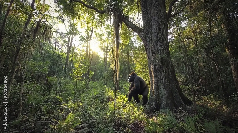 A majestic shot of the elusive Cross River Gorilla in the dense jungles of Africa A majestic shot of the elusive Cross River Gorilla in the dense jungles of Africa