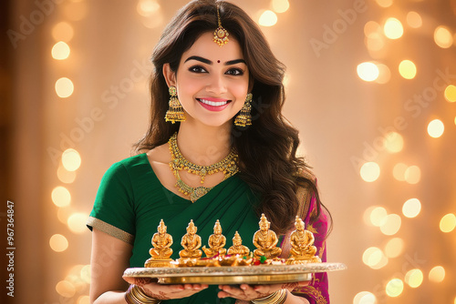 young indian woman holding Diwali festival table platter photo