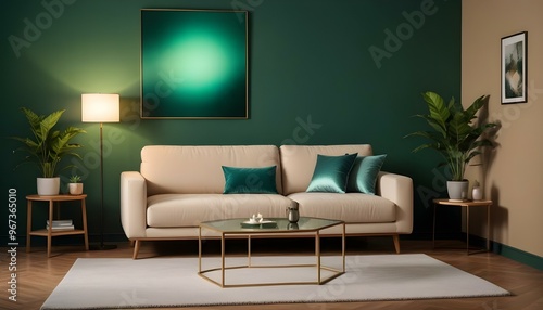 Photo modern style interior room 3d illustration Interior frame living room with colorful white sofa,led with blank frame