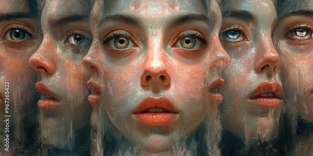 A psychedelic collage of eyes, lips, and abstract faces in bold, contrasting colors with exaggerated features, representing the concept of identity and expression A psychedelic collage of eyes, lips, and abstract faces in bold, contrasting colors with exaggerated features, representing the concept of identity and expression