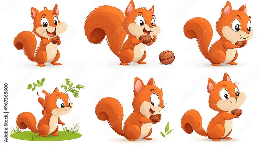 Obraz premium A playful set of cartoon squirrels in cute nut-gathering and jumping poses, ideal for woodland and autumn-themed designs. 