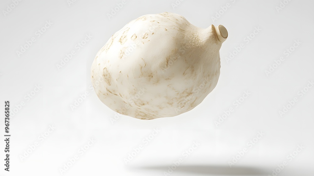 53. **A 3D render of a whole jicama falling, its beige skin and crisp white flesh contrasted with a clean white backdrop 53. **A 3D render of a whole jicama falling, its beige skin and crisp white flesh contrasted with a clean white backdrop